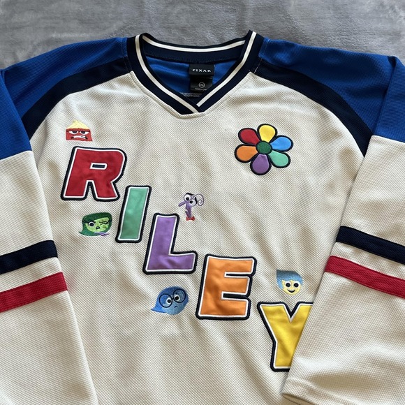 Pixar Shirt Mens Medium Blue Cream Riley Joy Hockey Jersey Inside Out Disney - Picture 2 of 11